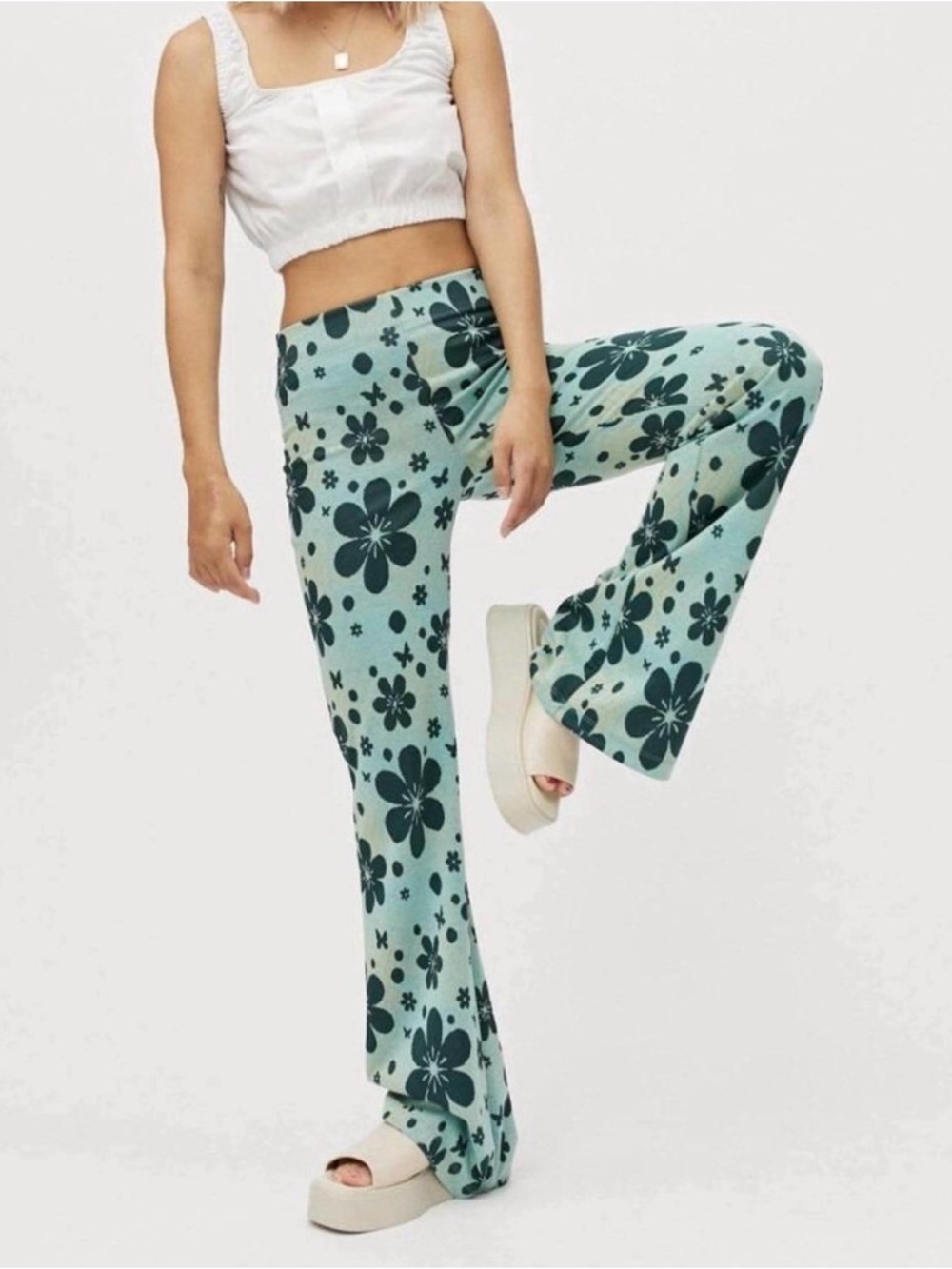 Urban Outfitters Bryn Flower Power Retro Flare Pants Boho Hippie Floral Knit S